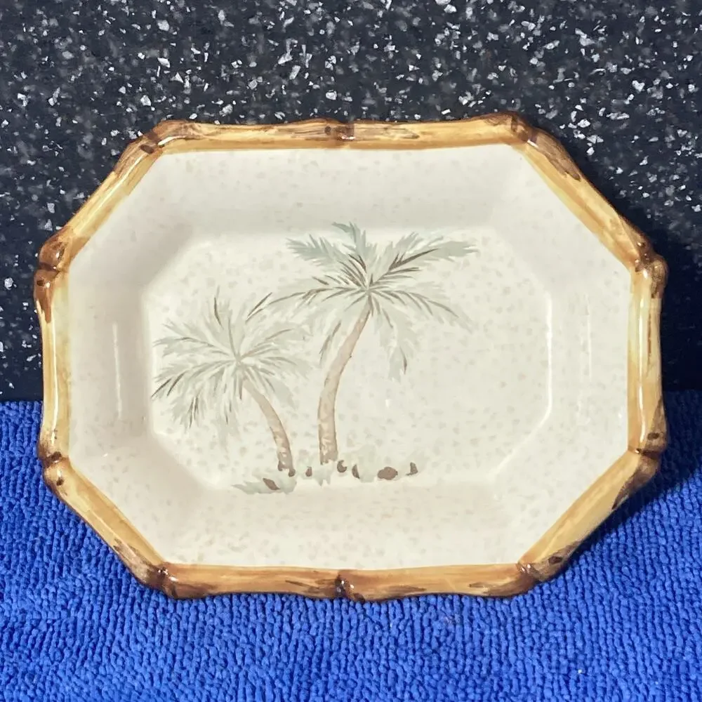 Vintage Springmaid Ceramic Soap Dish With Bamboo Trim & Palm Tree Design